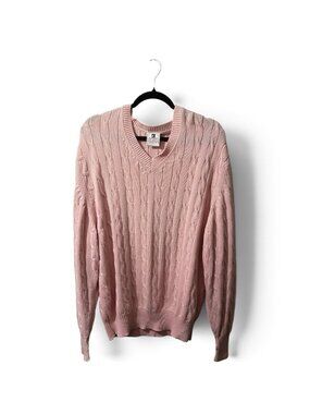 Vintage Norsport Mens XXL Pastel Pink Cable Knit V-Neck Sweater 100% Cotton